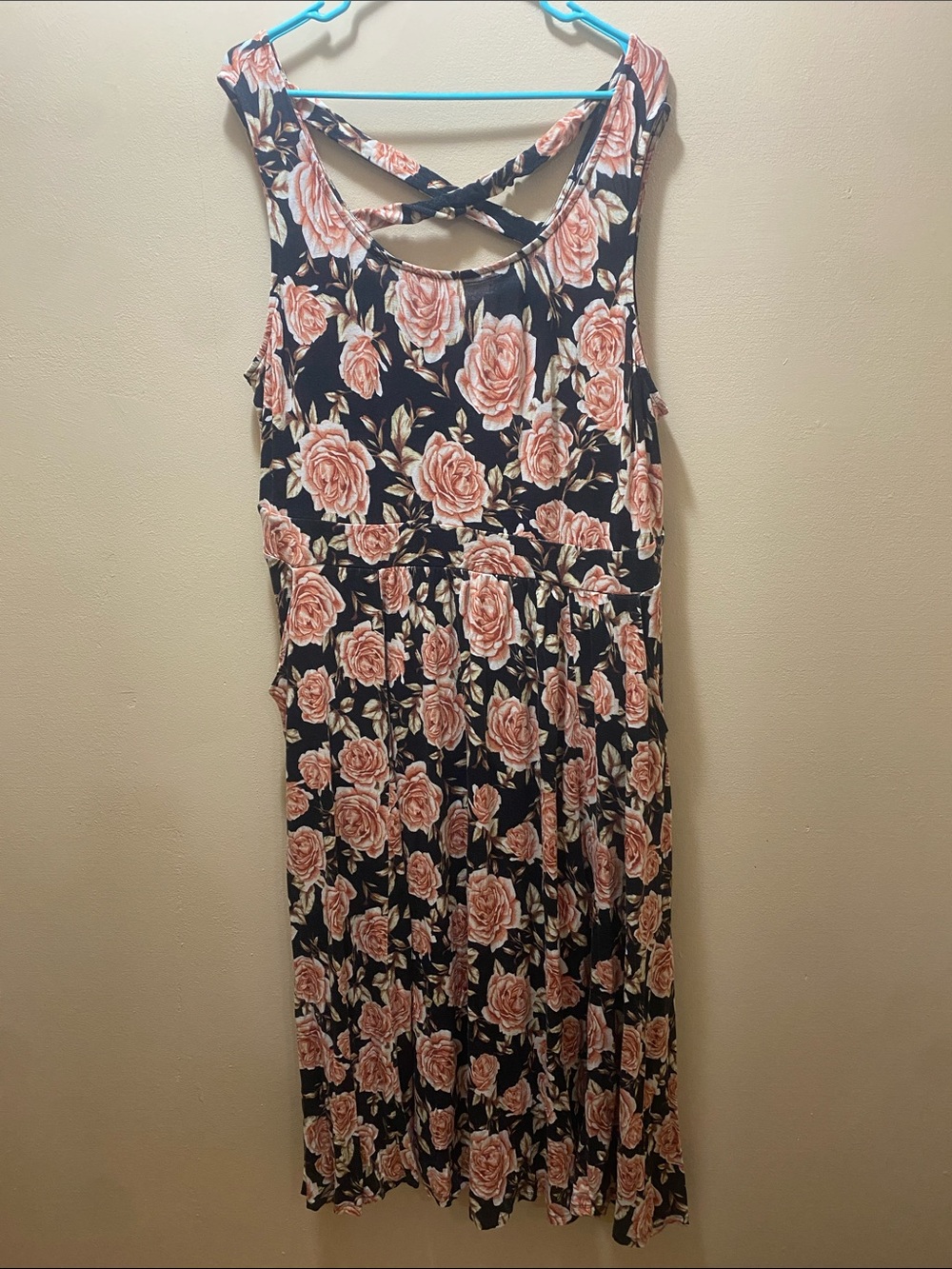 torrid Super Soft Knit Navy Midi Dress with Pink Rose Print & Crisscross Back-2
